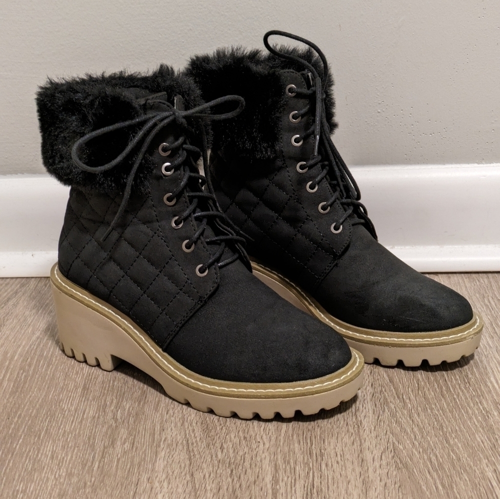 Nicole Miller Faux Fur, Latte Black Ankle Boots, Size 7, EUC